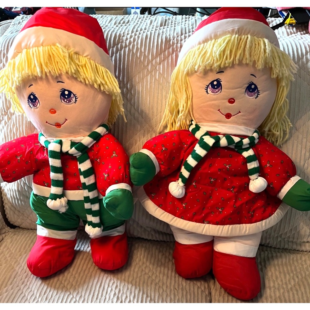 VTG PAIR 1987‎ Dolly Mine Holiday Christmas Rag Doll Plush Toys RARE 27" JUMBO